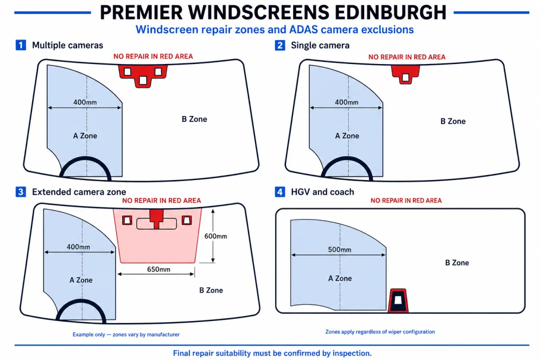Premier Windscreens Edinburgh technical diagram comparing multiple-camera, single-camera, extended-camera and HGV windscreen repair zones